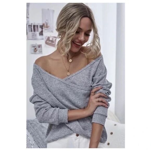 V-neck Wrap Front Top Gray - Picture 1 of 4